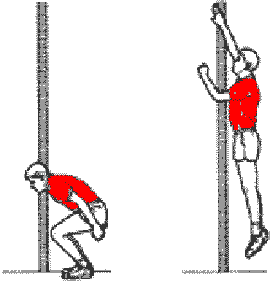 vue de profil des deux phases du test Sargent de détente verticale, d'abord en position jambes fléchies puis en fin d'extension aérienne 