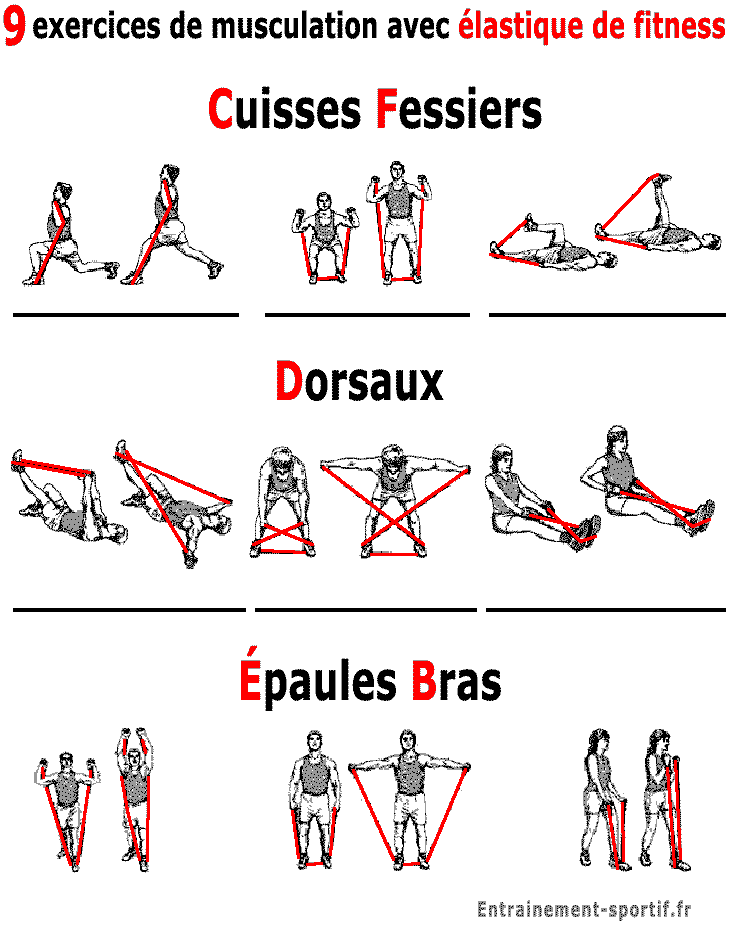 Tableau des 9 exercices de musculation avec elastique de fitness