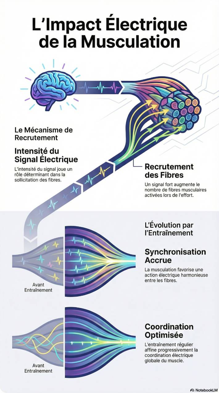 Infographie pédagogique intitulée 'L’Impact Électrique de la Musculation' illustrant le lien entre le cerveau et le recrutement des fibres musculaires. Le schéma explique comment l'intensité du signal électrique et l'entraînement améliorent la synchronisation et la coordination des fibres pour une efficacité musculaire accrue.