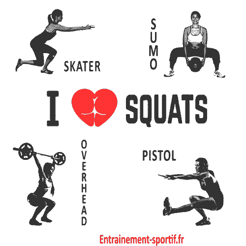 les fessiers et les quadriceps sont tonifiés avec plusieurs variantes de squats
